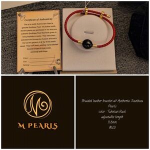 M Pearls Red Braided Leather Bracelet with Tahitian Black Pearl